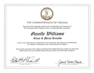 Gov of VA Acknowledges G&M Records and Founder Gazelle Williams